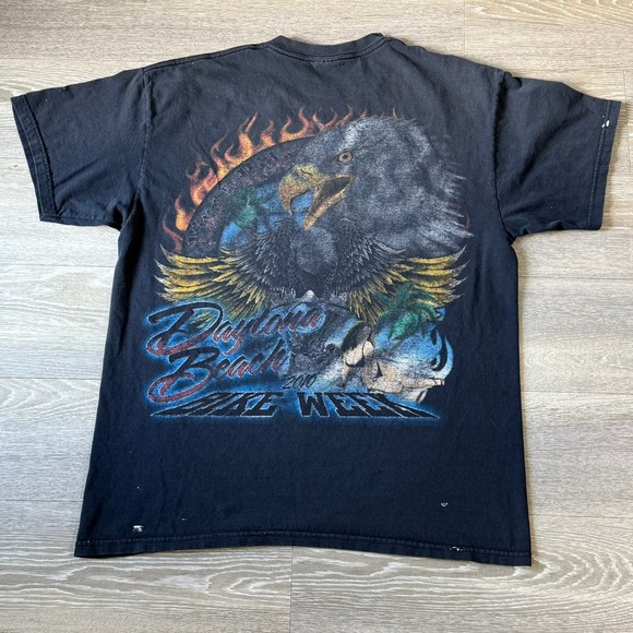 Bike Week Eagle Flames Graphic Tee Daytona Beach Faded Black L Distressed Grunge - Picture 1 of 9